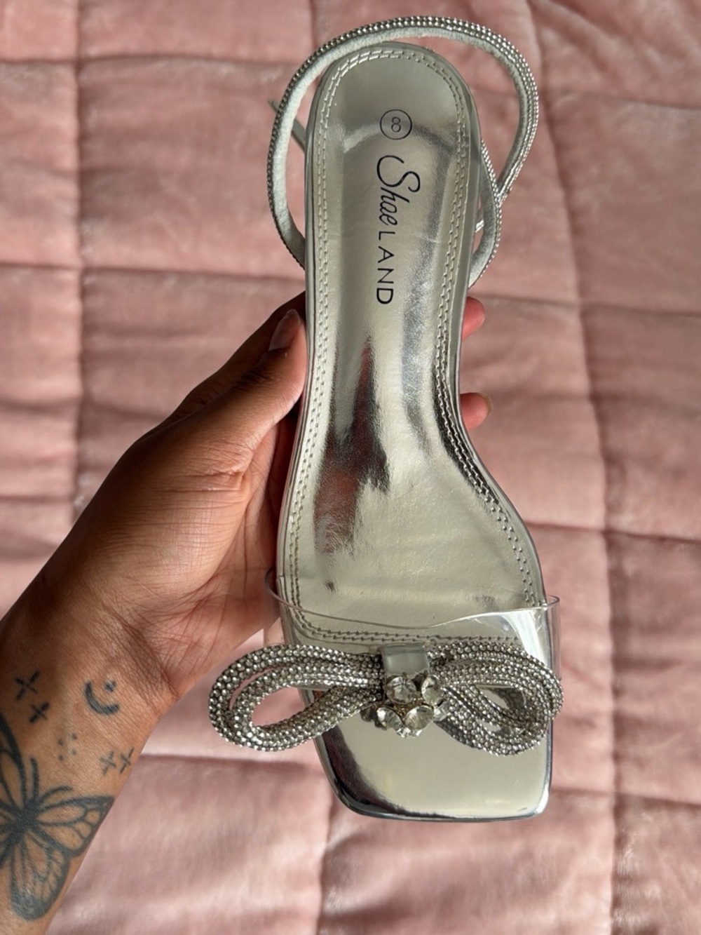 Shoe Land Silver Crystal Bow Ankle-Strap Sandals - Picture 2 of 2